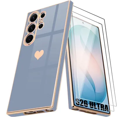 Image de Coque + 2 Verres Trempés pour Samsung Galaxy S26 Ultra, Silicone Motif Cœur Anti-Rayure Ultra Slim Souple Bleu