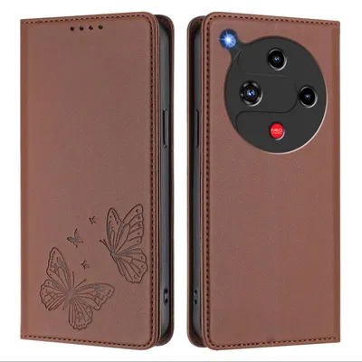 Obrázek produktu pro Kožené pouzdro pro ZTE Nubia Focus 2, motýlí ražbou, peněženkové flip pouzdro se stojánkem Hnědá