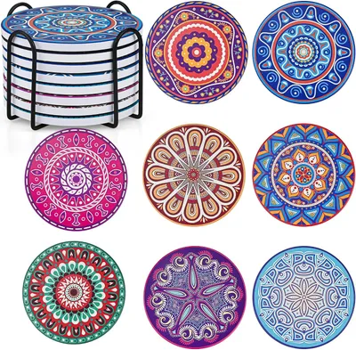 Image de Sous-verres Mandala - Lot de 8 - Sous-verres ronds en céramique avec support