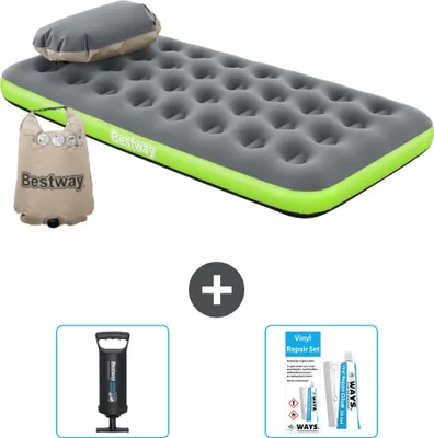 Produktbild von Bestway Luftmatratze – 1 Person – 99 x 188 x 22 cm – Grau/Grün – im Lieferumfang enthalten Zubehör