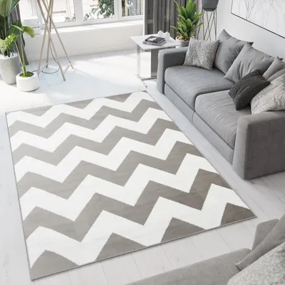 Produktbild von Teppich Wohnzimmer Schlafzimmer Kurzflor Modern Design Geometrisch Zig Zag Streifen Grau Weiß Jugendzimmer  180 x 250 cm