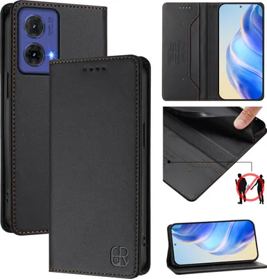 Produktbild von Lederhülle für Motorola Moto G85 Hülle Flip Brieftasche Kartenfächern Ständer Schutzhülle Schwarz