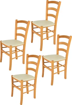 Produktbild von t m c s Tommychairs - 4er Set Stühle VENICE für Küche und Esszimmer, robuste Struktur aus lackiertem Buchenholz im Farbton Honig und gepolsterte Sitzfläche mit Kunstleder in der Farbe Elfenbein bezogen