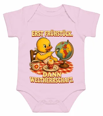 Immagine prodotto di Prima la colazione, poi la conquista del mondo. Frase divertente, sarcastica. Body per neonato, rosa, taglia 6/12