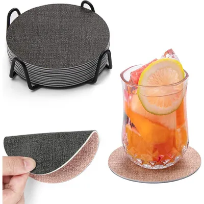 Immagine prodotto di Set di 12 sottopiatti, fronte-retro, rotondi, in ecopelle, grigio rosa, lavabili, antiscivolo