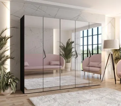 Produktbild von Breiter Kleiderschrank 250 cm AMARIS 3 mit Spiegel - schwarz / Griffe aus Kaschmir