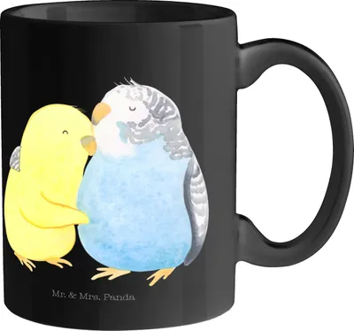 Produktbild von Mr. & Mrs. Panda Tasse Wellensittich Liebe - Schwarz - Geschenk, Kaffeebecher, mit Spruch, Kuscheln, Trinkbecher, Kaffeetasse, Teetasse, Heiraten, Verknallt, Umarmung