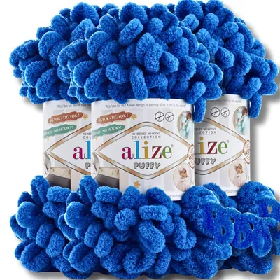 Zdjęcie produktu dla Alize Puffy Wolle, 3 motki po 100g, kolor jednolitego barwienia (Royal Blue - 141), idealna do szydełkowania i robienia na drutach