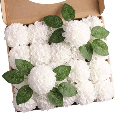 Immagine prodotto di Bouquet di dalie artificiali composto da 25 pezzi con foglie e steli; dalie bianche artificiali per matrimoni, bouquet, centrotavola e decorazioni d'interni