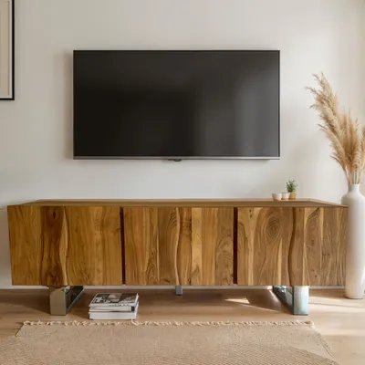 Produktbild von WOHNLING Lowboard Akazie Massivholz 160x56x46 cm TV-Kommode mit drei Türen TV-Schrank Hoch Fernsehtisch Fernsehschrank Modern Fernsehkommode