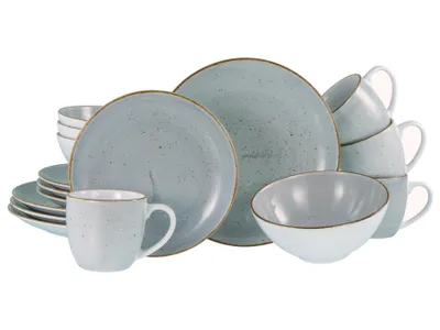 A collection of stoneware dishes and mugs.