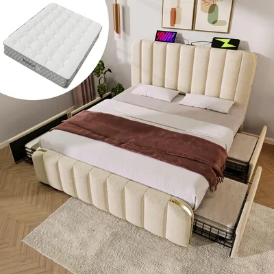 Imagen del producto de Cama tapizada de 140 x 200 cm con colchón, 4 cajones, función de carga USB y tipo C, somier, cabecero con detalles dorados, color beige