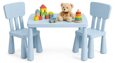 Obrázek produktu pro Relaxdays, dětská sedací souprava: 1 stolek, 2 židle, omyvatelná, lehký plast, sedací kout do dětského pokoje, modrá barva