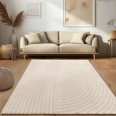 Produktbild von Teppich Wohnzimmer Kurzflor Skandi Japandi Boho Abstraktes Muster 3D Uni Creme Grösse 160x220 cm