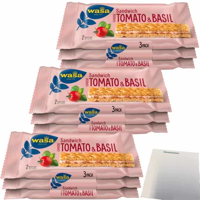 Produktbild von Wasa Knäckebrot Sandwich Käse, Tomate & Basilikum Multipack 3er Pack (3x120g Packung) + usy Block