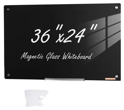 Zdjęcie produktu dla Magnetyczna tablica szklana VEVOR, tablica suchościeralna 90 x 60 cm, montowana na ścianie duża biała tablica szklana bez ramy, z półką na pisaki, jedną gumką i 2 pisakami, tablica magnetyczna czarna