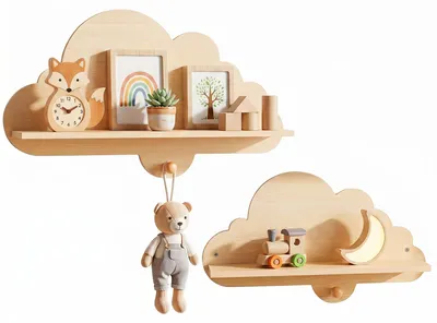 Produktbild von KOMFOTTEU 2er Set Wandregal, wandmontiertes Wolkenregal, schwebendes Bücherregal mit Haken, platzsparendes Holzregal, niedliches Aufbewahrungsregal für Schlafzimmer, Kinderzimmer, Kindergarten