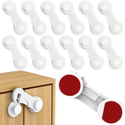 Imagen del producto de Cerraduras de seguridad para armarios y cajones, 12 unidades, color blanco, autoadhesivas, sin necesidad de taladrar