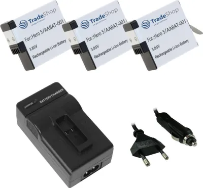 Produktbild von Set-Angebot: Ladegerät für GoPro Hero5 Hero6 Hero7 Hero8 Hero2018 / Black AABAT-001, AHDBT-501, CHDHX-501, CS-GDB501MX + 3x Akku 3,85V