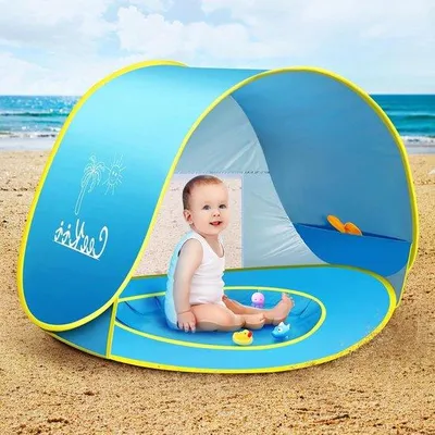 Produktbild von Baby-Pop-Up-Strandzelt mit UV-Schutz 50+, tragbar, Sonnenschutz für den Strand, atmungsaktiver Rücken für Kleinkinder, ideal für Gartenpartys, Grillabende und Wanderungen – blaues Muschelzelt