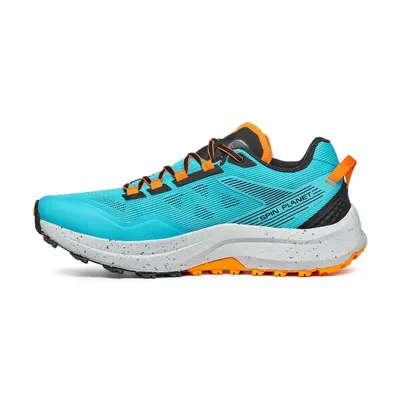 Trailrunning-Schuhe "Spin Planet" von Scarpa in Türkis mit orangefarbenen Akzenten und speckled Sohle.