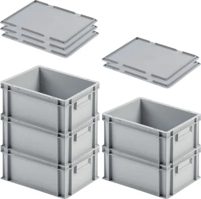 Produktbild von SuperSparSet 5x Eurobehälter mit geschlossenem Griff & Auflagedeckel | HxBxT 17,5x30x40cm | 16 Liter | Grau | Eurobox, Transportbox, Transportbehälter, Stapelbehälter