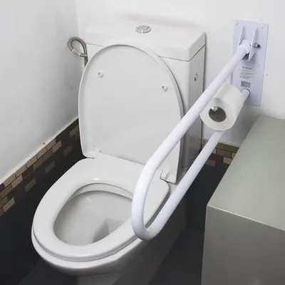 Produktbild von Doppelter Haltegriff für die Toilette, Sicherheitsgriff mit Toilettenpapierhalter, klappbarer Haltegriff für Menschen mit Behinderung, Toilettenhandlauf für Senioren, rutschfester Haltegriff für das Badezimmer, weiß