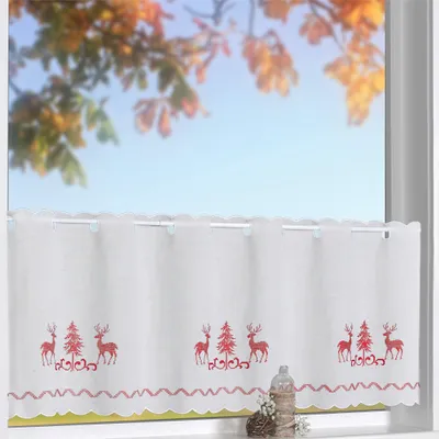 Produktbild von heimtexland ® Scheibengardine Landhaus Hirsch Stickerei Batist Gardine Weiß Rot Weihnachten Fensterdeko Country Chic Bistrogardine Typ506 HxB 45 x 155 cm
