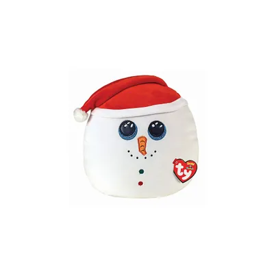 A plush snowman toy wearing a Santa hat.