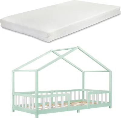 Produktbild von Kinderbett 'Treviolo' mit Matratze und Rausfallschutz 90x200cm Mintgrün / Weiß