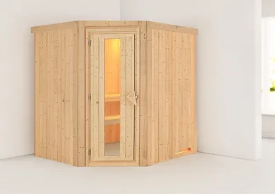 Produktbild von Karibu Sauna Innensauna Siirin Eckeinstieg ohne Zubehör 196x170x198 cm ohne Dachkranz mit Energiespartür