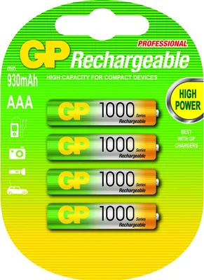 A retail package of four GP AAA rechargeable batteries.
