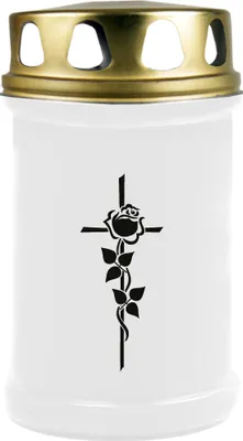 Produktbild von Grabkerze Weiß, Brenndauer: 48 Stunden, Motiv: Rose Kreuz