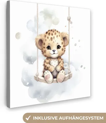 Produktbild von MuchoWow® - Leinwandbilder - Leopard - Tier - Kinder, Wandbild, Wanddeko Bilder Wohnzimmer, 90x90 cm