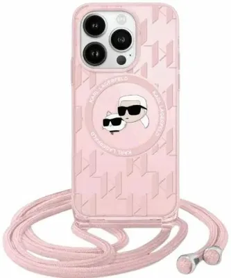 Produktbild von MagSafe Hülle für Apple iPhone 15/14 - Karl Lagerfeld IML Crossbody Monogram Karl & Choupette Head Back Cover mit Kordel - Rosa