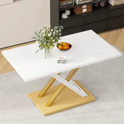 Produktbild von Esstisch mit Marmoroptik Tischplatte, verstellbare Füße, moderner Küchentisch für Esszimmer und Küche