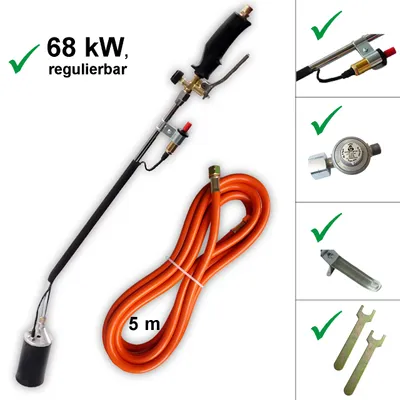 Produktbild von Abflammgerät mit Druckregler Unkraut-Vernichter Auftaugerät Anwärmbrenner mit Piezozündung Unkrautvernichter 68 kW mit G