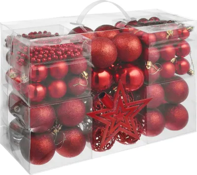 Produktbild von tectake® Weihnachtskugeln 86-er Set in Rot, inklusive Perlenkette und Stern Durchmesser 3, 4 und 6 cm