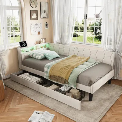Immagine prodotto di Divano letto 90x200 cm, modello giorno con spazio contenitore, illuminazione LED e porta USB, rivestito in velluto color beige