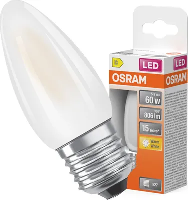 Obrázok produktu pre LED žiarovka OSRAM LED Star Classic v klasickom tvare mini sviečky, biela, teplé biele svetlo (2700 K) s výkonom 5,5 W / 806 lm, z matného bezolovnatého skla, pätica E27, IP20, EEK D, priemer 35 mm.