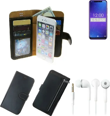 Produktbild von TOP SET Handy Hülle Schutz Hülle kompatibel mit Oukitel C12  schwarz aus Kunstleder + Kopfhörer Smartphone Tasche vollwertige Geldbörse