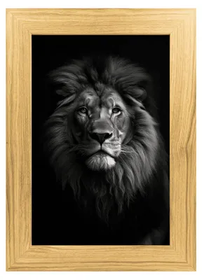 Image de Tableau lion noir et blanc sur aluminium encadré bois 39x54 cm, Tableau mural moderne pour décoration intérieure