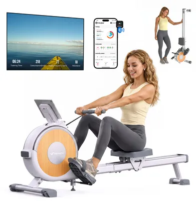 Produktbild von MERACH Leise Rudergerät für Zuhause – 16 Stufen Magnetisch Widerstand, Doppelschienen, App-Steuerung & Tablet-Halter, vertikal klappbar bis 158 kg