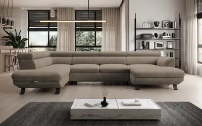 Obrázok produktu pre DomoHome ECKSOFA RAVEN XL - Rohová pohovka s funkciou spania s rozkladacím lôžkom, nastaviteľné opierky hlavy, lôžková skrinka, veľká pohovka 334x198x162 cm ľavá strana béžová