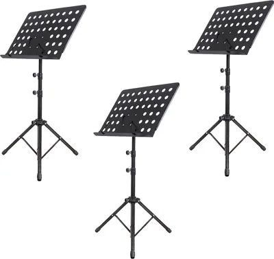 Immagine prodotto di set di 3 leggii in nero | 50 - 165 cm di altezza regolabile | supporto per spartiti flessibile e inclinabile | leggio per orchestra - leggio in metallo | leggio in lamiera forata stabile