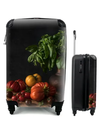 Produktbild von MuchoWow® Koffer Handgepäck Trolley Rollkoffer Kleine Reisekoffer mit 4 Rollen - Stilleben - Tomaten - Basilikum - Gemälde - Gemüse - Schwarz - Cabin Size < 55x40x23 cm & 55x40x20 cm - Fotokoffer - Kabinenkoffer - Boardgepäck - Reise-Box - Reisekoffer - Reisegepäck - Koffer mit Bild - Trolley für Kinder