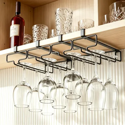 Image de Porte-verres en métal, modèle à 4 verres, suspendu, de couleur noire, pour bar et cuisine