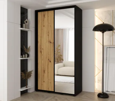 Zdjęcie produktu dla MINIO go for it, szafa VADO, 140 x 235,2 x 60 cm, 2 drzwi przesuwne (1 z lustrem), 6 półek, 2 metalowe drążki, czarny/dąb Artisan