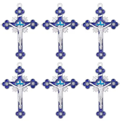 10 Kreuzanhänger Rosenkranz, Blau, Metall-Emaille, DIY-Schmuck