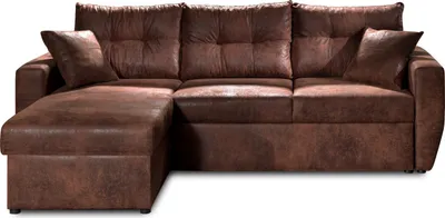A brown sectional sofa with an ottoman is shown from the front.